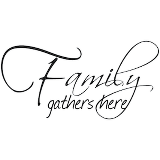 Family Gathers Here Wall Quote Decal — black-and-white design