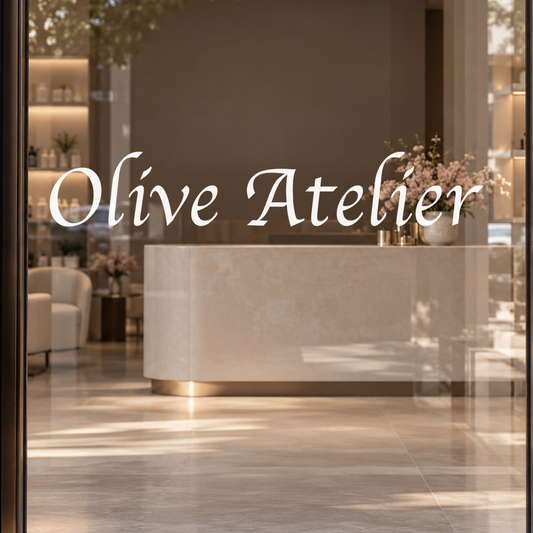 Olive Atelier custom lettering on glass