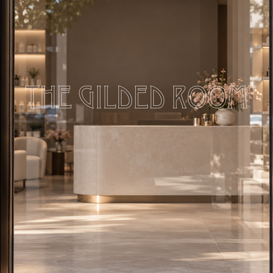 THE GILDED ROOM custom lettering on glass