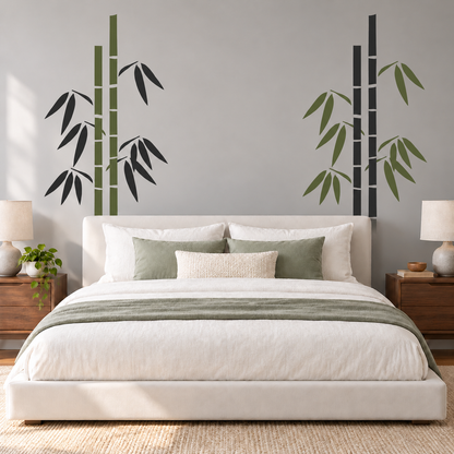 Bamboo pair wall decal with charcoal and olive sticks and leaves mixed