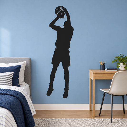 Black basketball jump shot wall decal in a blue teen bedroom, shown at the 60 inch size