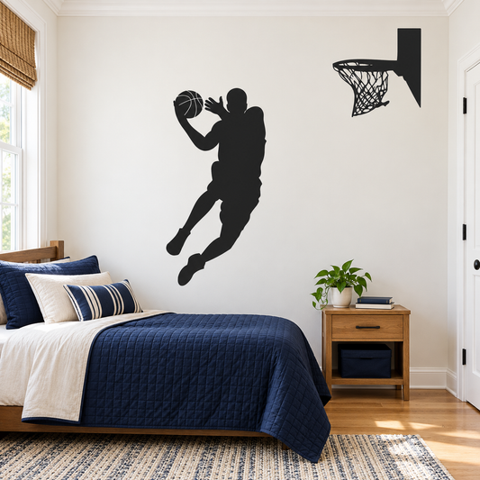 Basketball player and hoop wall decal on a full-height bedroom wall with navy bedding