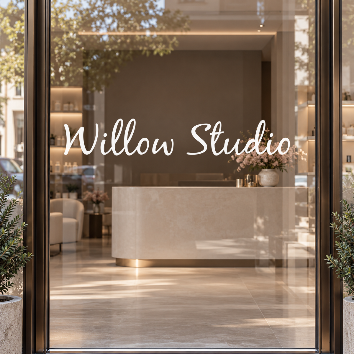 Willow Studio custom lettering on a glass entrance
