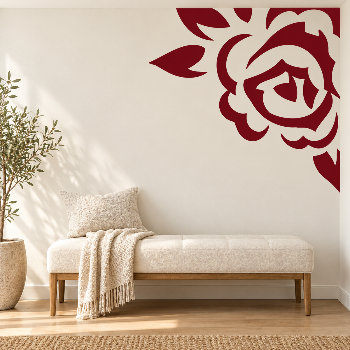 Burgundy corner rose wall decal in a neutral room