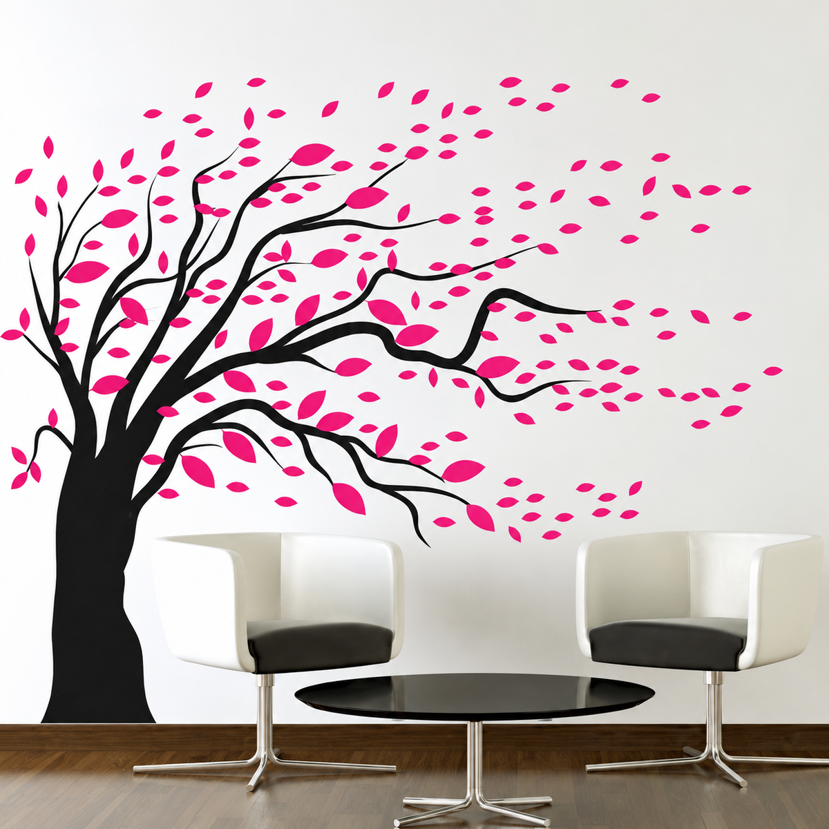 Blowing tree decal with pink leaves in sitting area