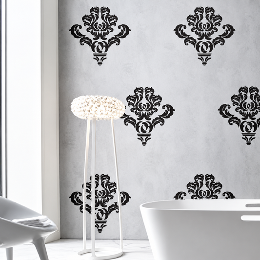 Black damask wall accents in a bright bathroom