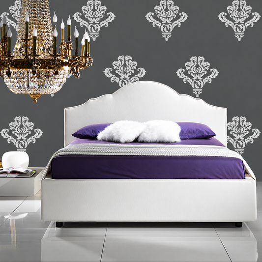 Damask wall accent decals in grey and purple bedroom