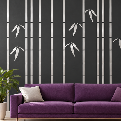 Metallic silver thin bamboo wall decals on a dark charcoal wall
