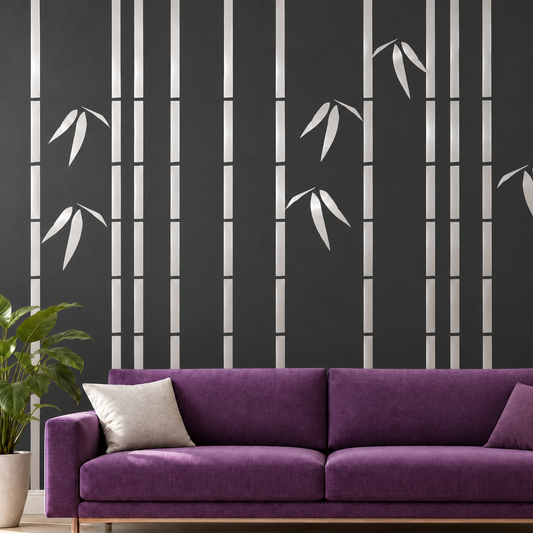 Metallic silver thin bamboo wall decals on a dark charcoal wall