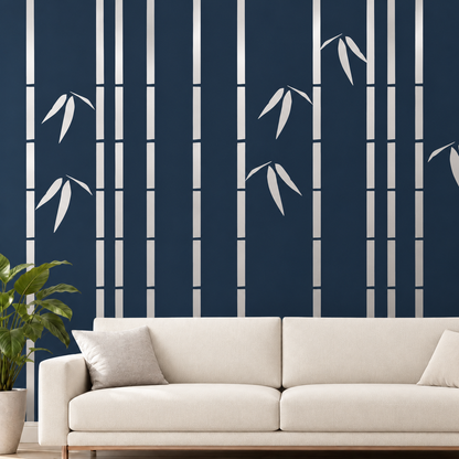 Metallic silver thin bamboo wall decals on a dark navy wall