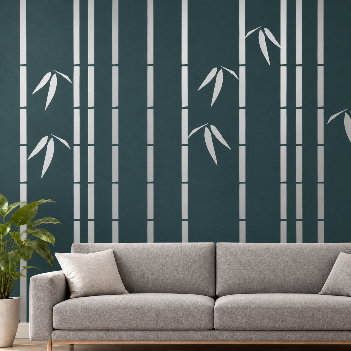 Metallic silver thin bamboo wall decals on a dark teal wall