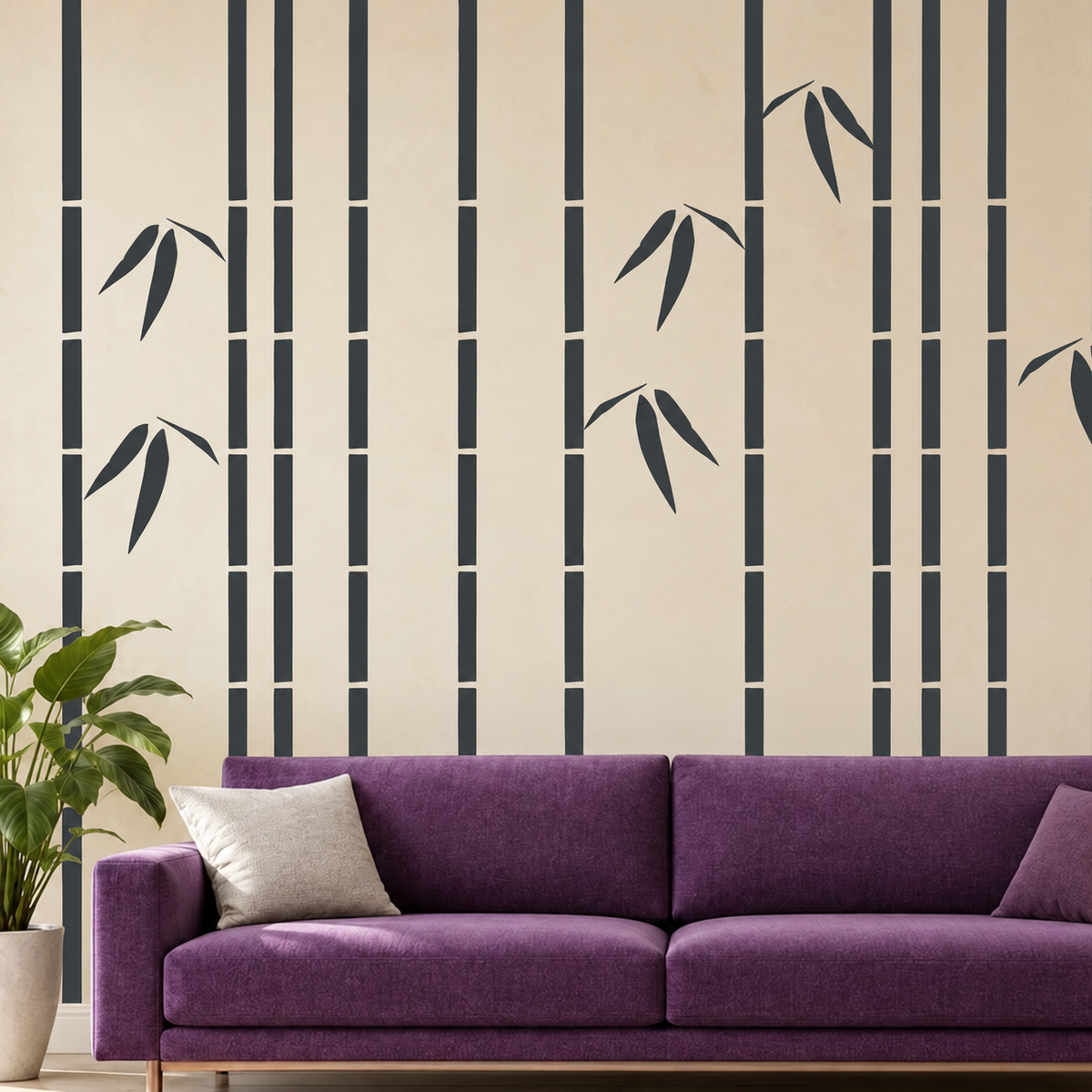 Slender charcoal bamboo wall decals behind a purple sofa