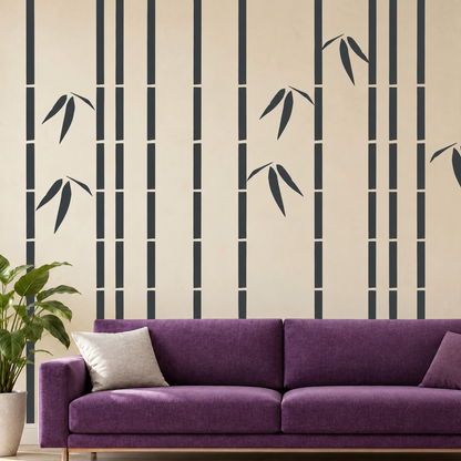 Slender charcoal bamboo wall decals behind a purple sofa
