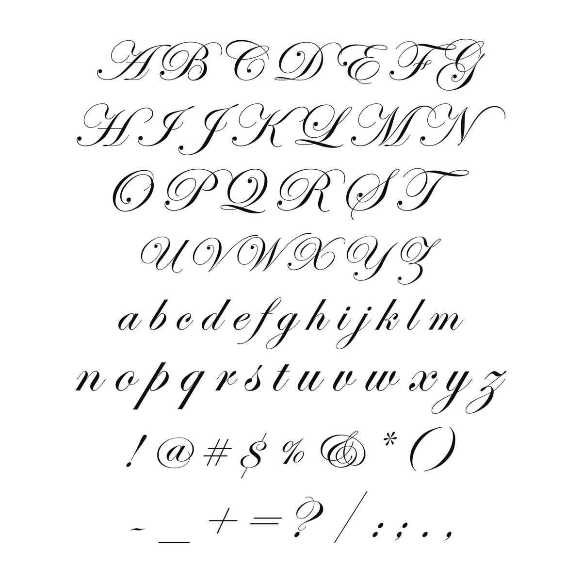 Uppercase and lowercase cursive alphabet and symbols