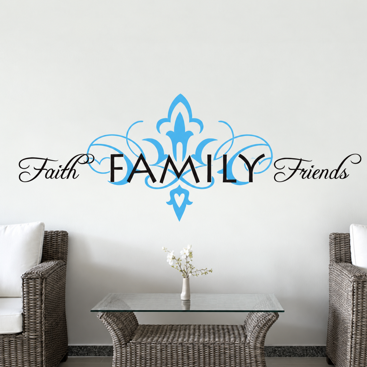 Faith Family Friends wall decal with blue fleur-de-lis above wicker furniture