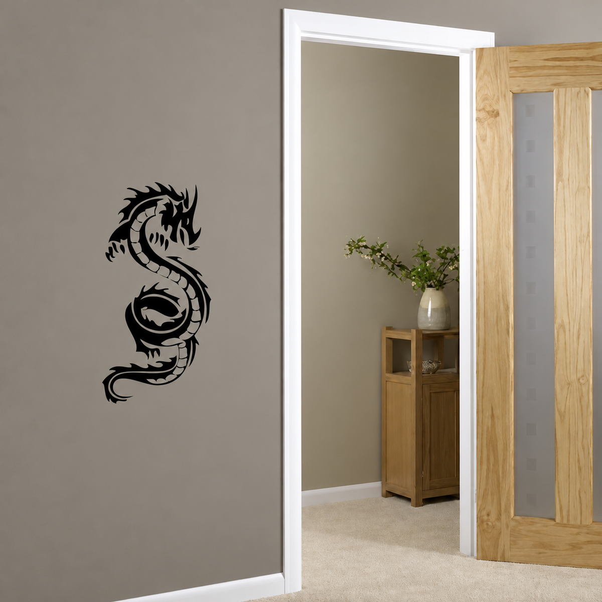 Black dragon silhouette at realistic scale beside a doorway