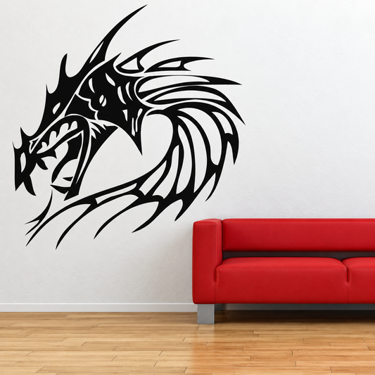 Large fire dragon head beside a red sofa, enhanced original room setting