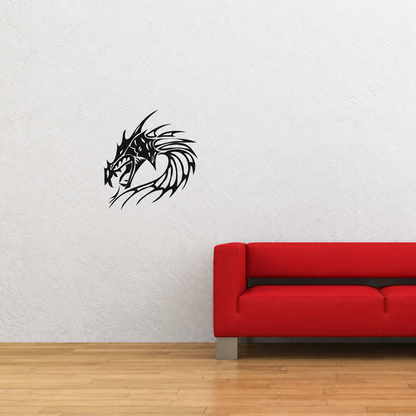 Black dragon head at realistic scale on a pale wall beside a red sofa