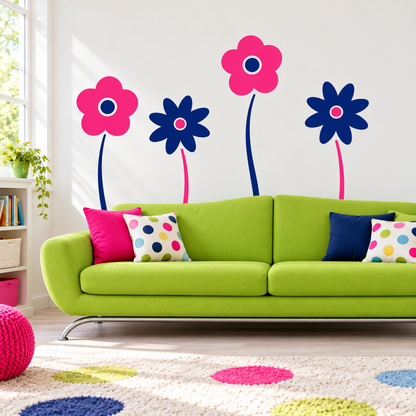 Flower and stem wall decal set in a bright room