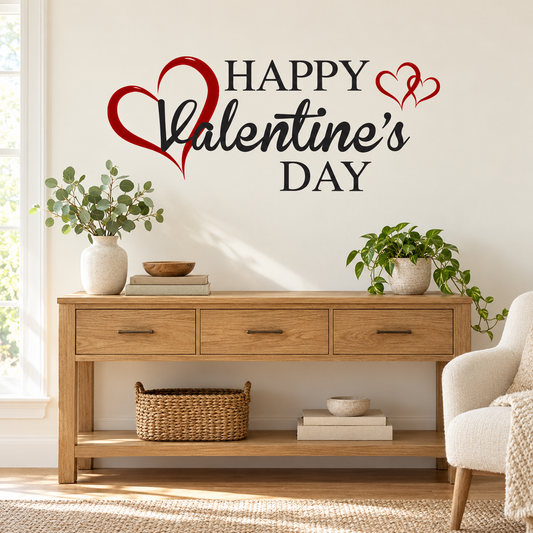 Happy Valentine's Day red and black wall decal above an oak console