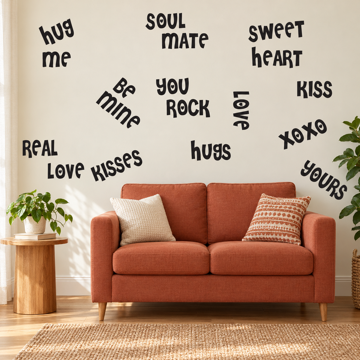 Black Valentine word wall decals arranged above a terracotta loveseat