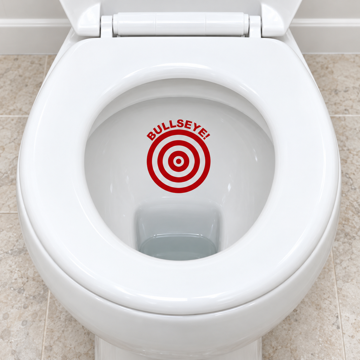 Red Bullseye toilet decal shown inside a white toilet bowl