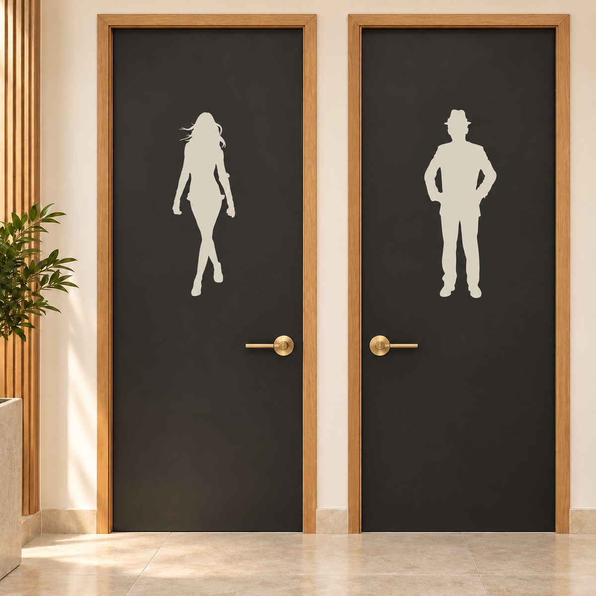 Cream woman and man restroom door decals on charcoal doors with oak trim