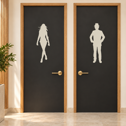 Cream woman and man restroom door decals on charcoal doors with oak trim