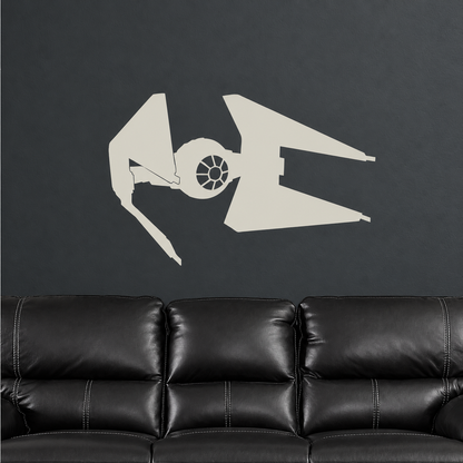 Cream space fighter decal above black leather sofa, enhanced original secondary photo