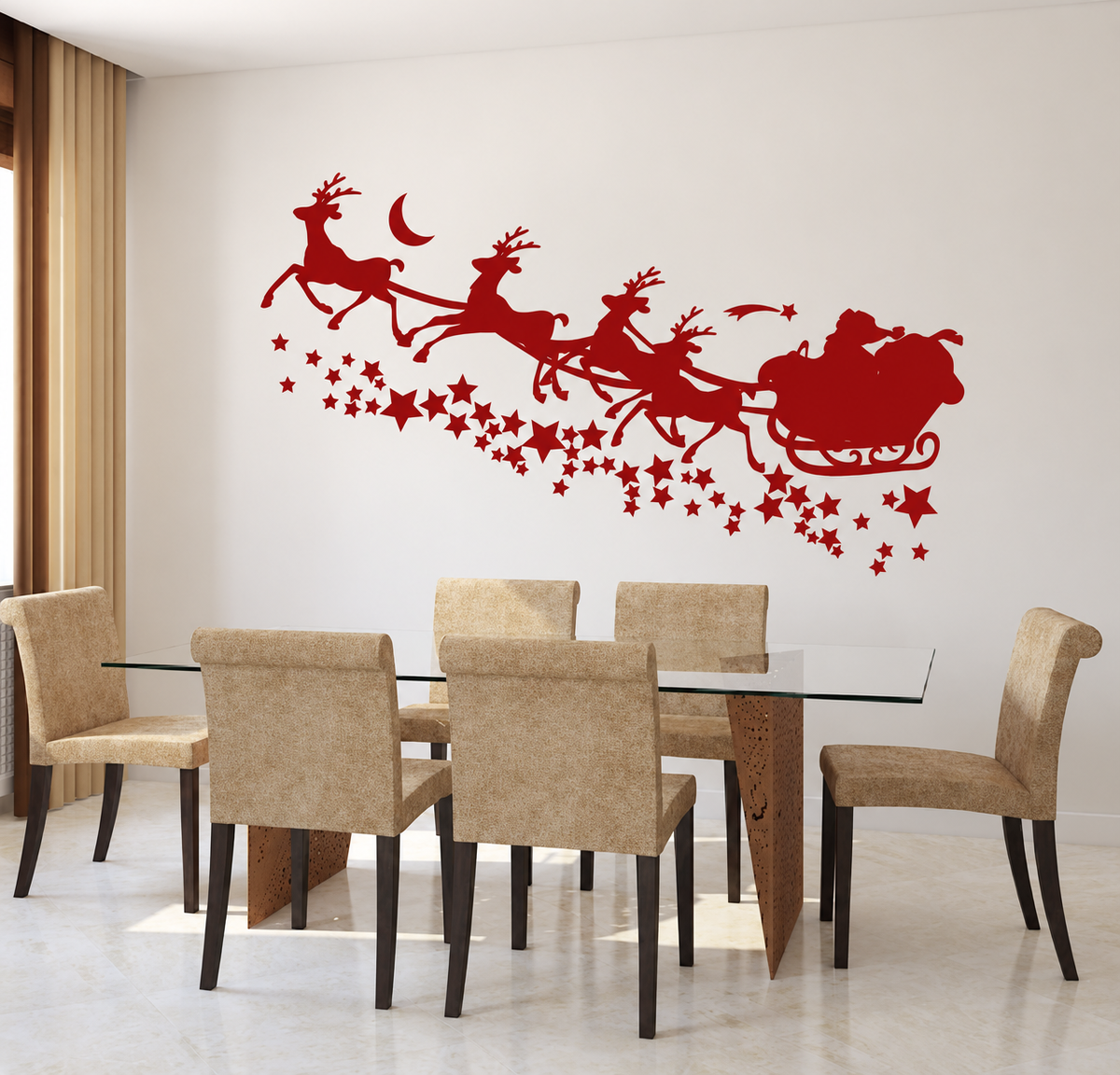 Santa Sleigh & Stars Christmas Wall Decal — enhanced main image