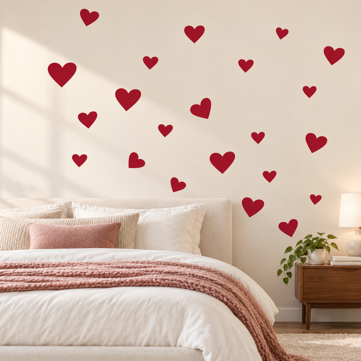 Burgundy heart wall decals set of 21 in a bedroom