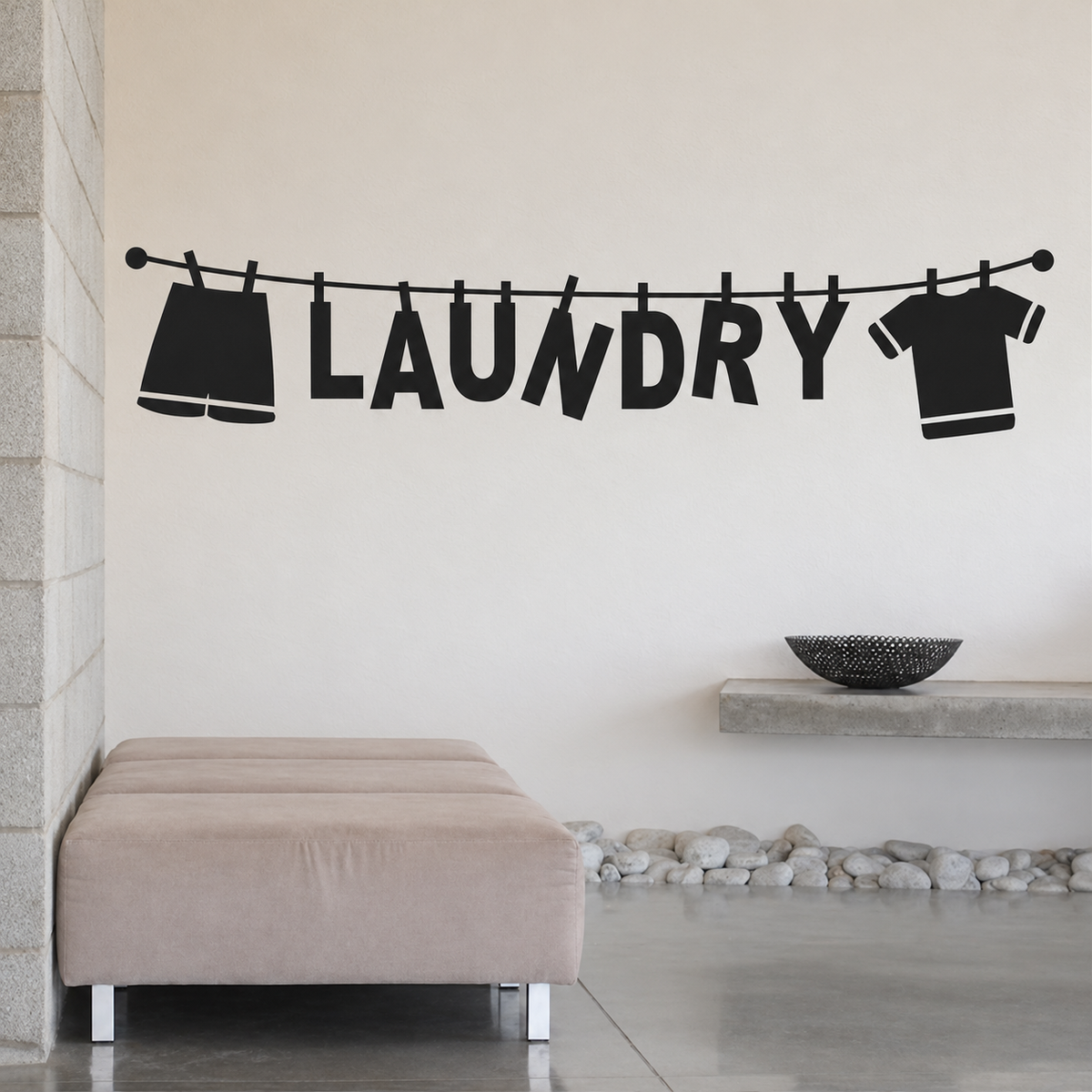laundry lettering wall quote decal displayed on a wall