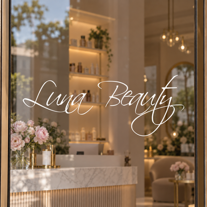 Luna Beauty window lettering rendered in the actual Scriptina font