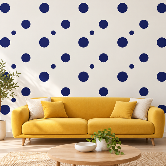 Mixed size polka dot wall decals in a modern room