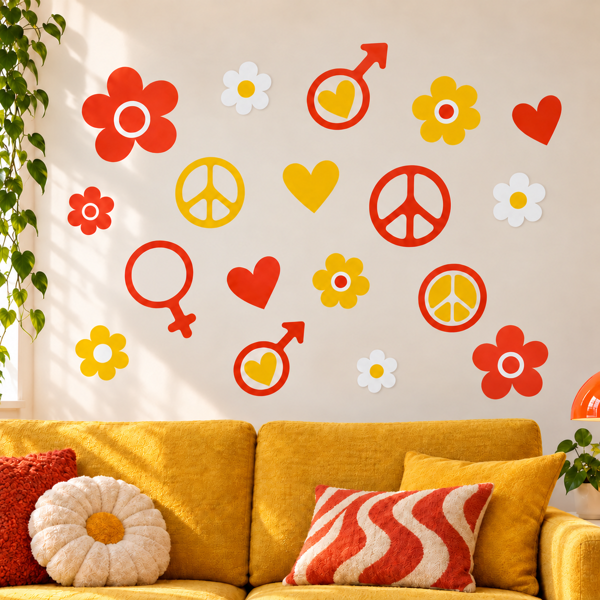Retro flower, heart, peace, and gender symbol wall decal kit design 1