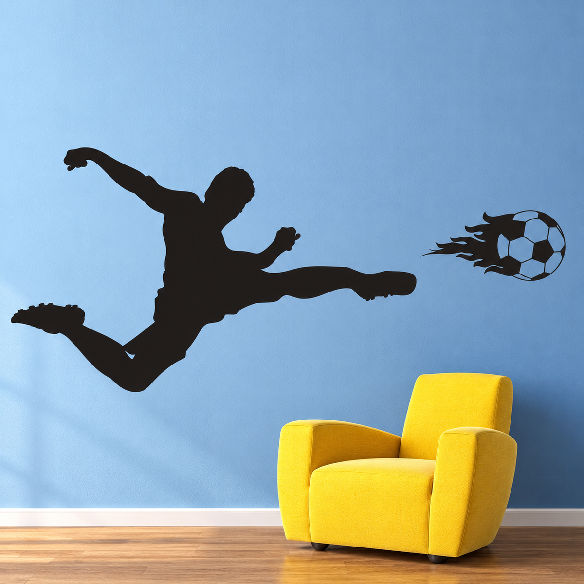 Soccer Player and Flaming Ball Wall Decal in enhanced original room photo