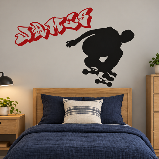 Black skateboarder wall decal above an oak twin bed with navy bedding; red name lettering shown separately