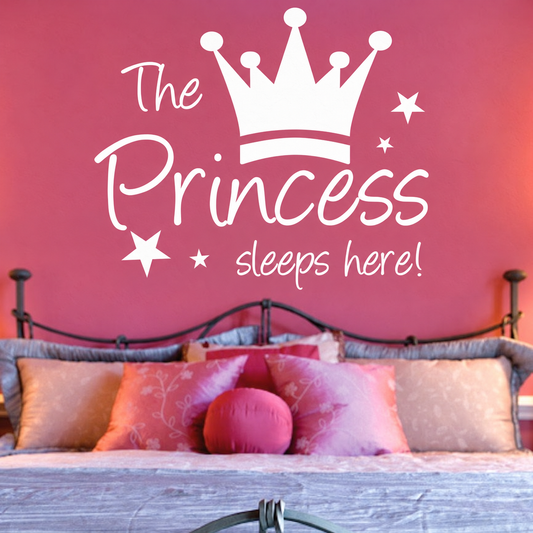 the princess sleeps here wall quote decal displayed on a wall