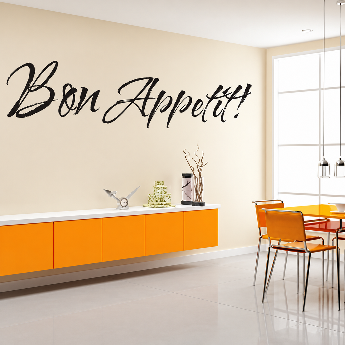 Bon Appetit wall lettering above kitchen cabinets