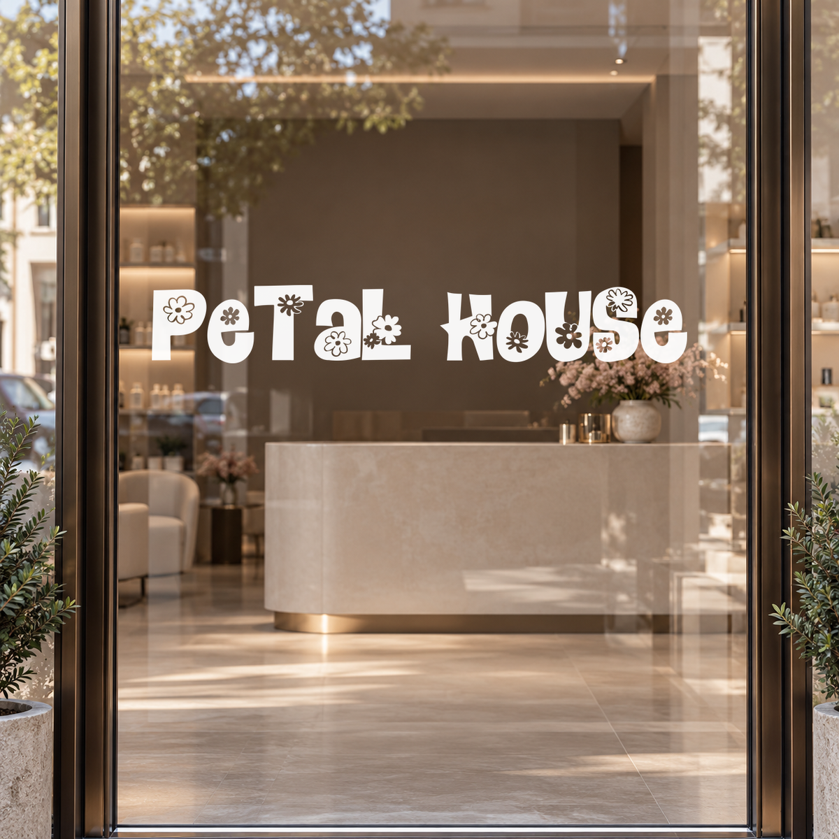 Petal House custom vinyl lettering on glass