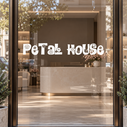 Petal House custom vinyl lettering on glass
