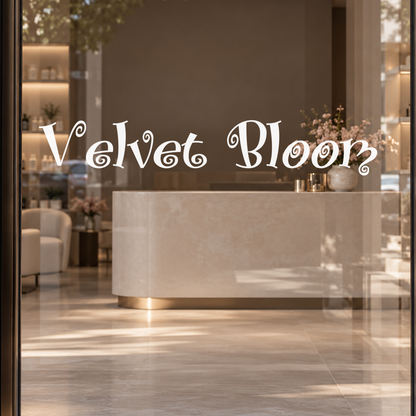 Velvet Bloom custom lettering on glass
