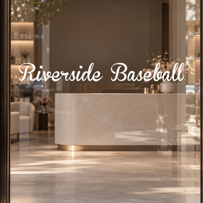 Riverside Baseball custom lettering on glass