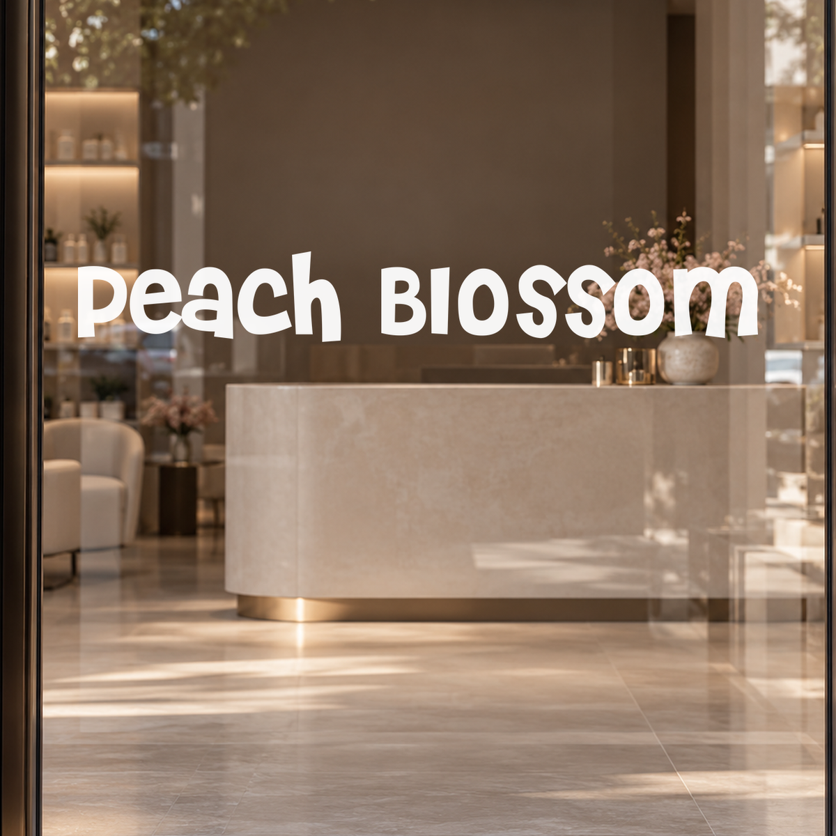 Peach Blossom custom lettering on glass