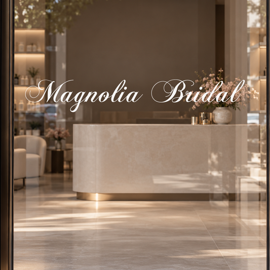 Magnolia Bridal custom lettering on glass