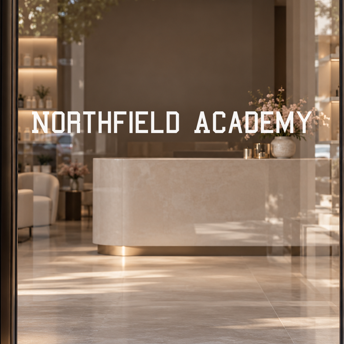 Northfield Academy custom lettering on glass