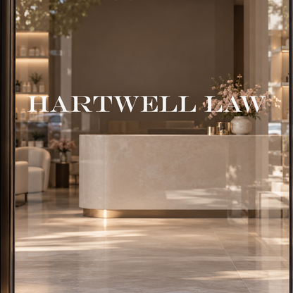 HARTWELL LAW custom lettering on glass