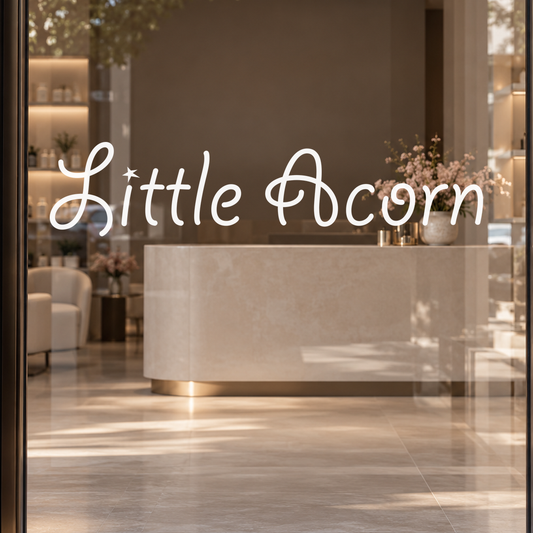 Little Acorn custom lettering on glass
