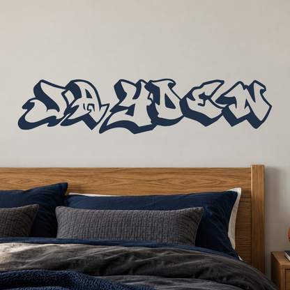 Close-up custom lettering example on a smooth wall