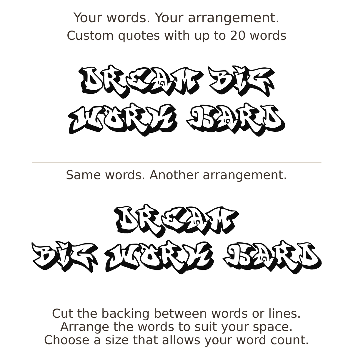 Large readable custom quote guide showing two arrangements with the same letter size